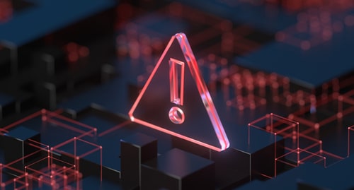 A concept image showing a triangular warning sign floating above a stylized representation of computer circuitry.