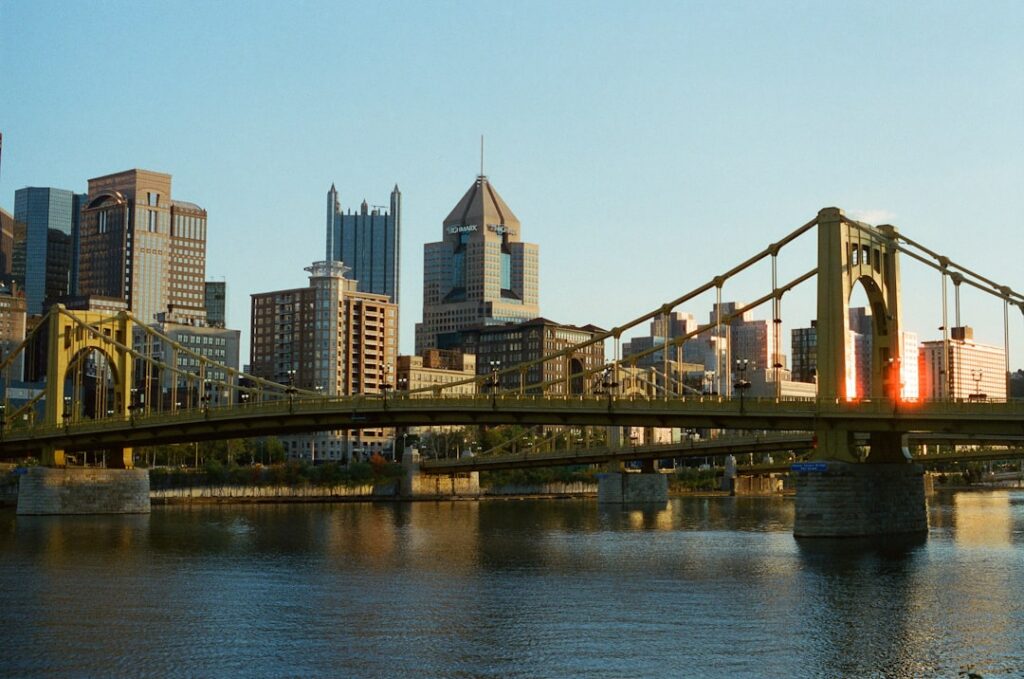 City skyline with a bridge over the river.